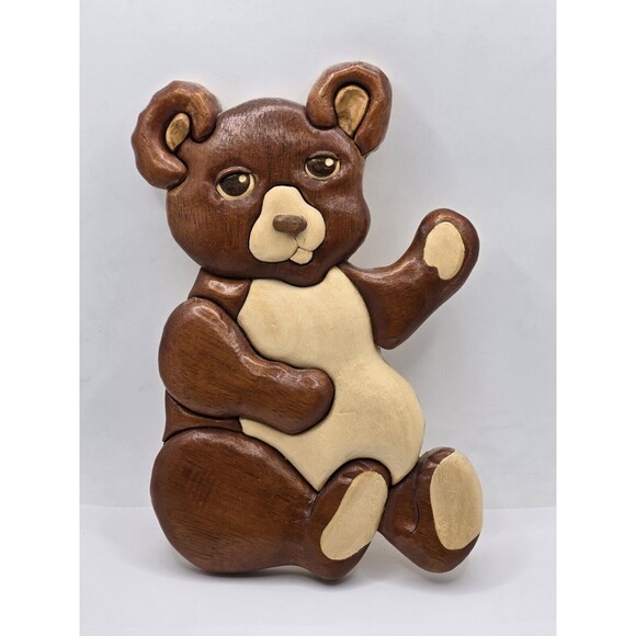 Handmade Other - Vintage Wood Carved Tedfy Bear Hand Crafted Folk Art 2 Tone Wall Hanger 7" tall
